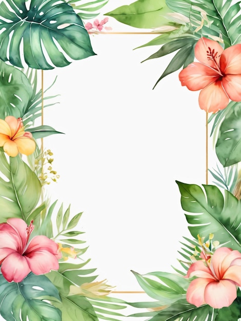 a frame with tropical flowers and leaves