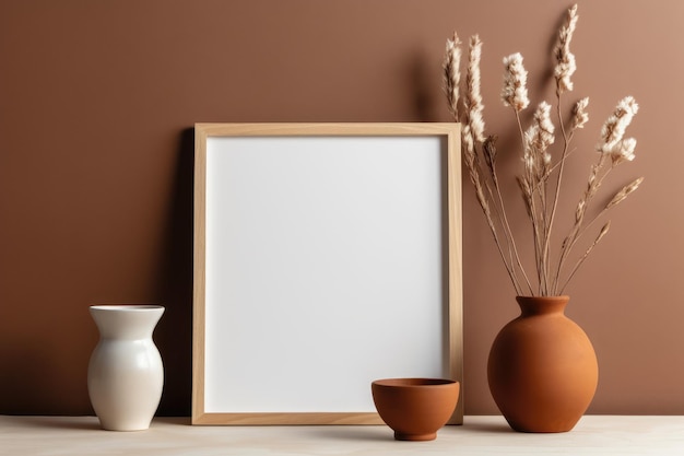 A frame with a vase and two vases on a brown wall