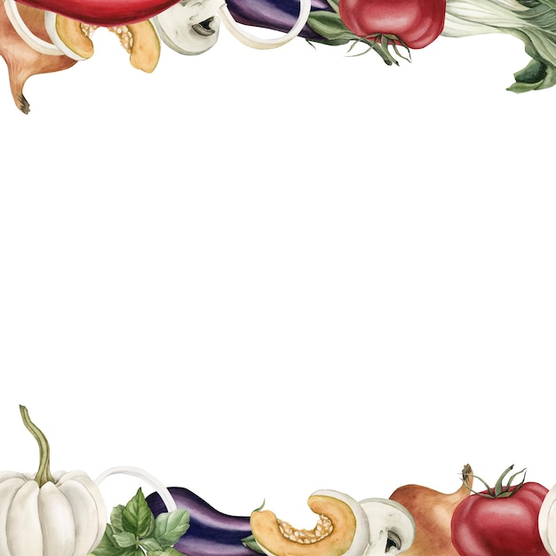 Frame with vegetables pumpkin eggplant tomato Watercolor illustration isolated on white background