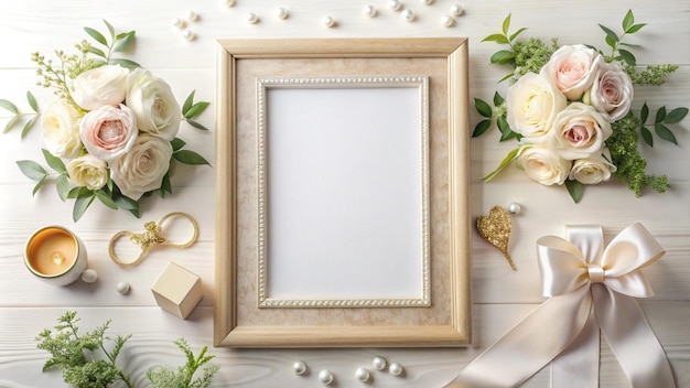 Photo a frame with a white frame and a gold ring on the table