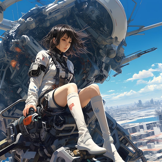 Frame of a woman leaning against a cyberpunk hoverbike Japanese anime sprawling cityscapes