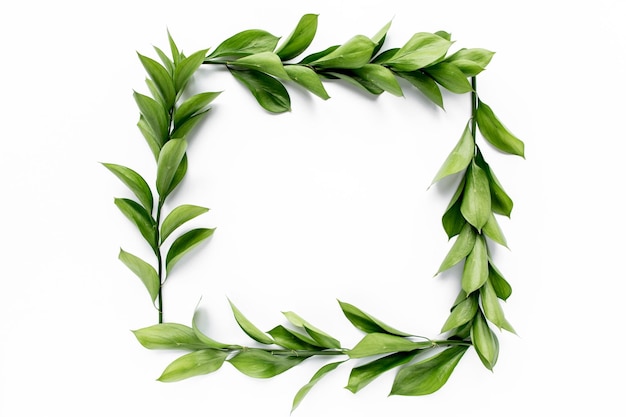 Frame workspace with green leaves and branches isolated on white background lay flat top view