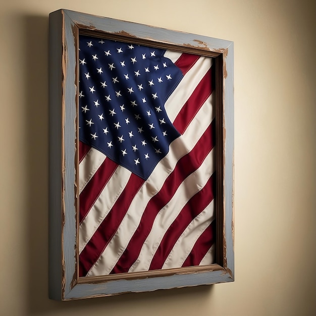 a framed american flag is hanging on a wall