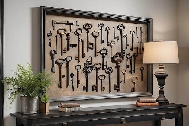 Framed Antique Keys Wall Art in an Industrial Foyer