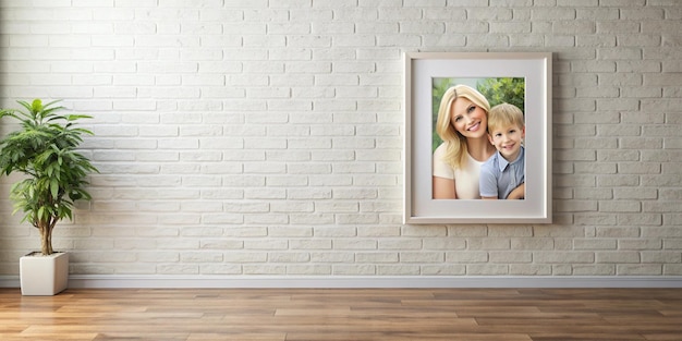 Framed family photo on white brick wall with potted plant