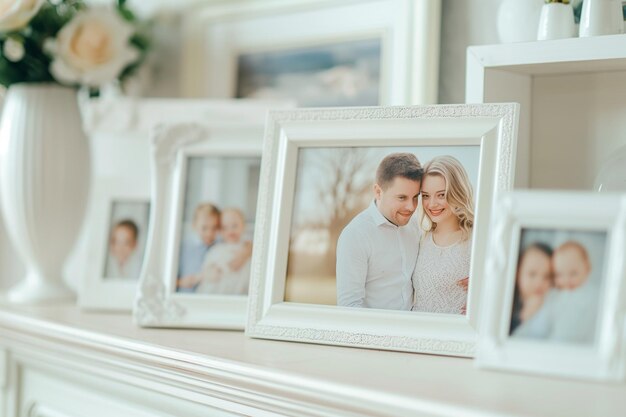 Photo framed family photos on a white wooden table indoors cozying up with family framed photos