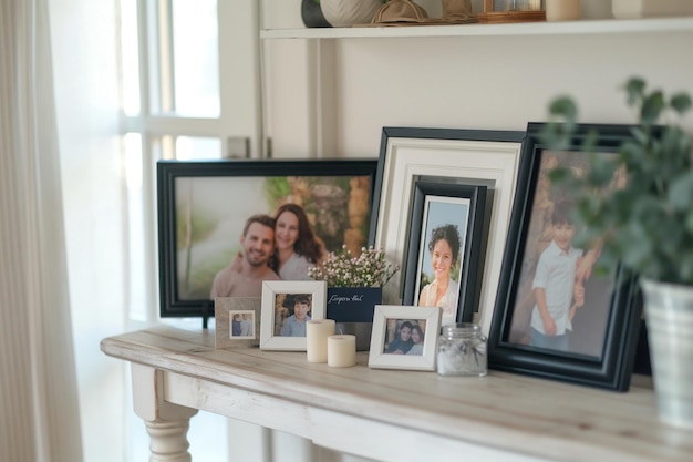 Photo framed family photos on a white wooden table indoors cozying up with family framed photos