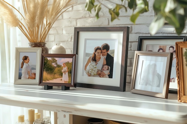 Photo framed family photos on a white wooden table indoors cozying up with family framed photos