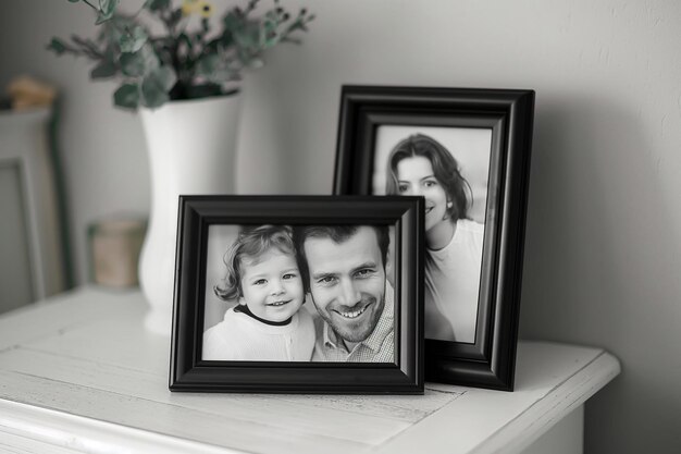 Photo framed family photos on a white wooden table indoors cozying up with family framed photos