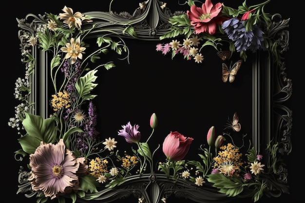 A framed floral frame with flowers and butterflies.