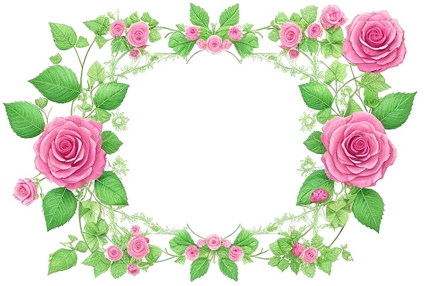 a framed illustration of pink roses with green leaves and pink roses