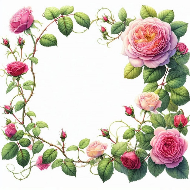 a framed illustration of roses and leaves with a white background