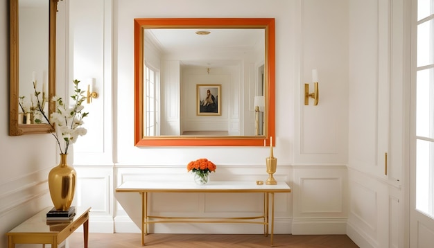 Photo a framed mirror hangs on a wall above a table with a vase of flowers