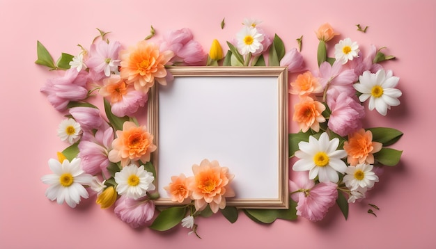 a framed mirror with flowers on a pink background