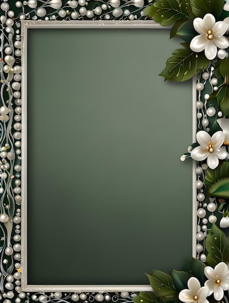 a framed mirror with white flowers and a frame with a green background