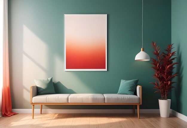 a framed painting hangs on a wall with a couch and a couch