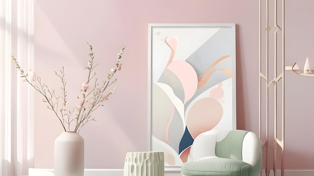 a framed painting is on a pink wall with a white chair and a vase with flowers