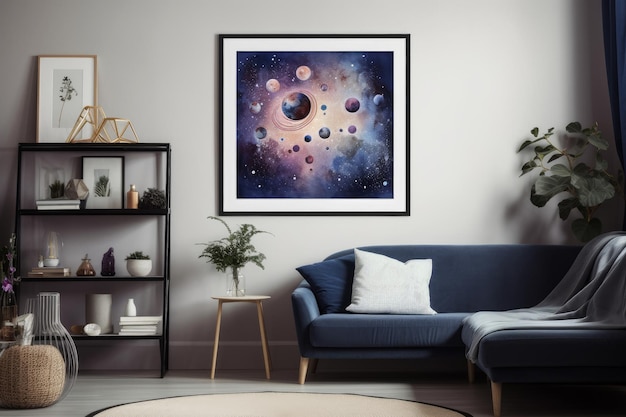 A framed painting of planets and stars on a wall