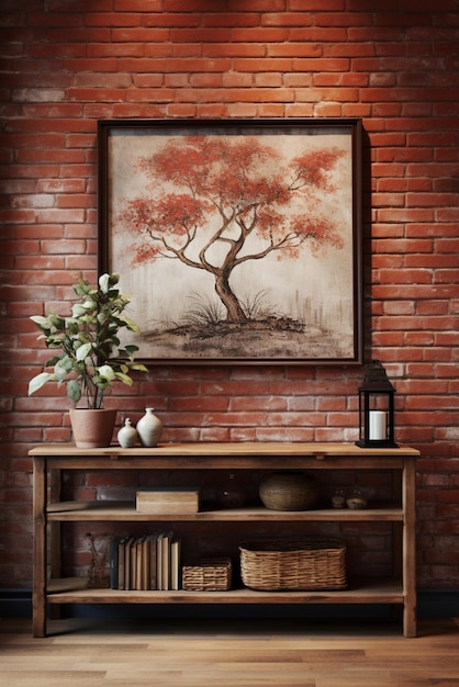 a framed painting of a tree and a pot of flowers