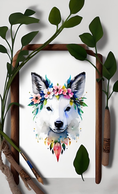 A framed painting of a wolf with a flower crown.