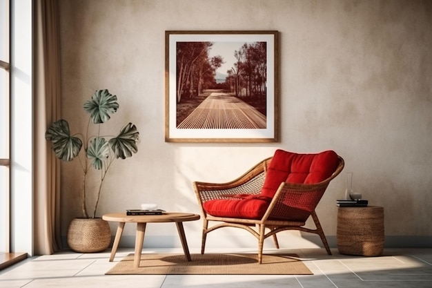 A framed photo of a living room with a red chair and a wooden coffee table.