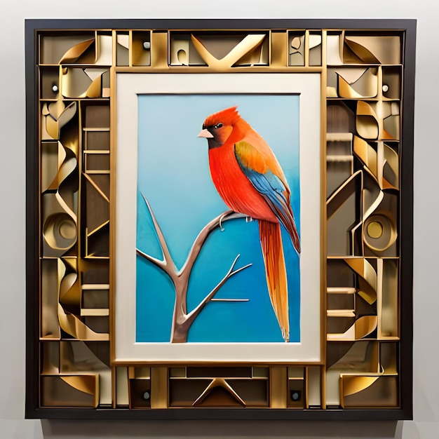 A framed picture of a bird on a branch with a blue background.