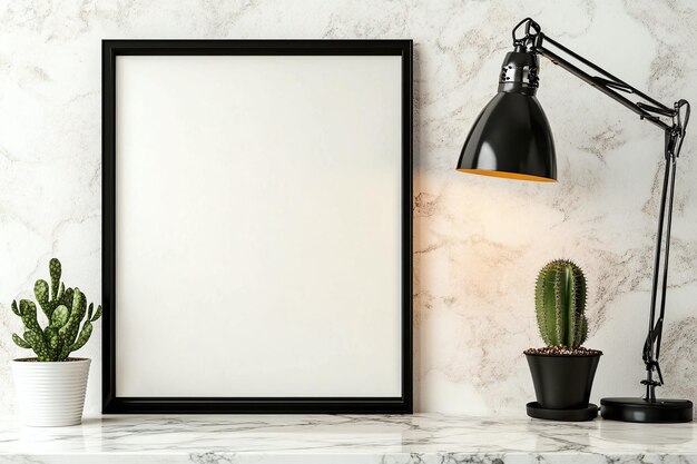 a framed picture of a cactus and a lamp on a marble counter