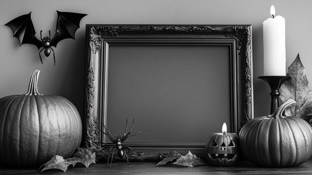 Photo a framed picture of a candle and pumpkins on a wooden floor