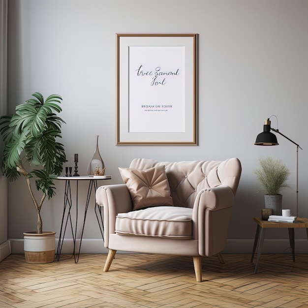 a framed picture of a couch and a chair with a plant in the corner.