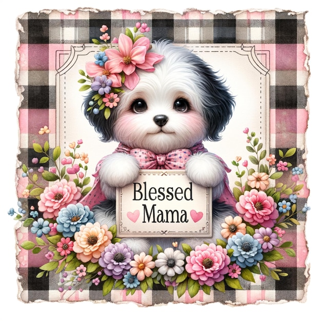 a framed picture of a cute little puppy with flowers and a tag that says quot blessed quot