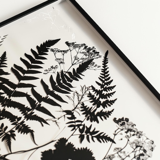 Photo a framed picture of a fern and leaves