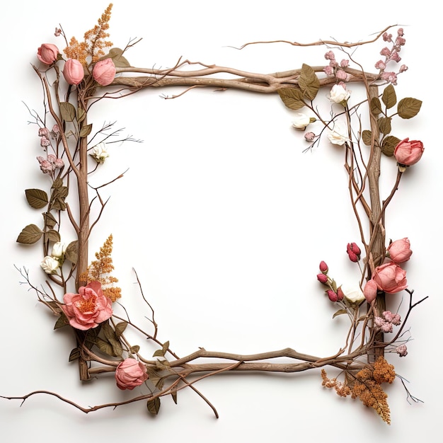 a framed picture of flowers and branches with a white background.