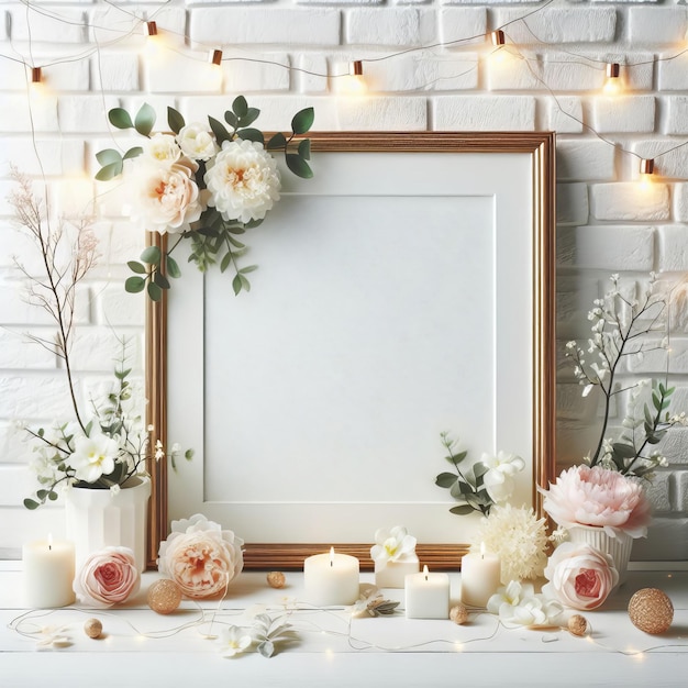 a framed picture of flowers and candles on a table