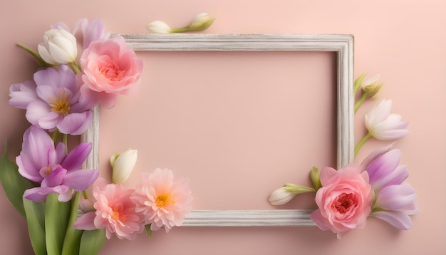 a framed picture of flowers and a frame with a pink background