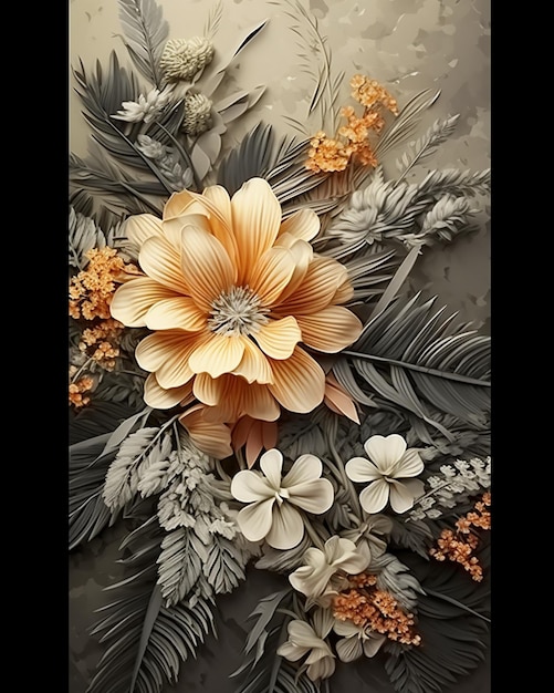 a framed picture of flowers and leaves with a black background.