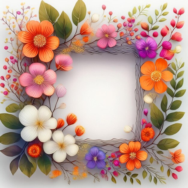 Photo a framed picture of flowers and leaves with a white frame