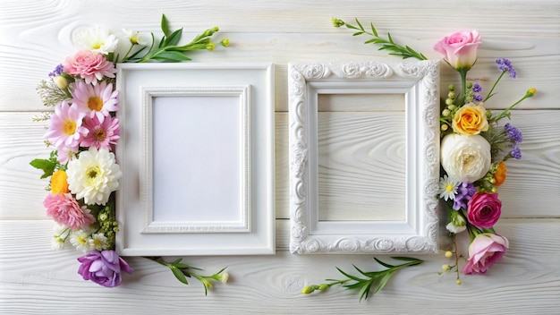 a framed picture of flowers on a wooden background