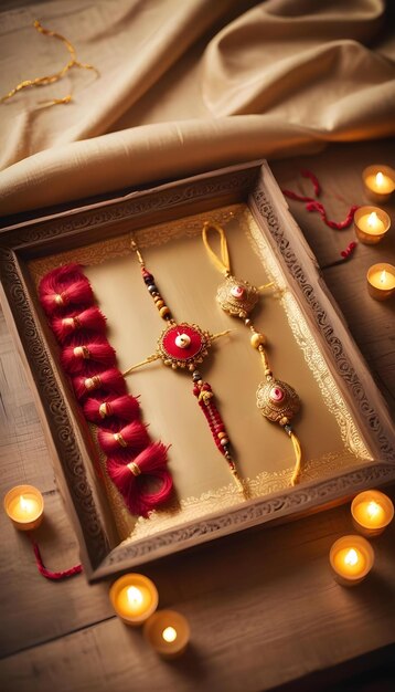 a framed picture of a gift box with a lit candle and a box of jewelry