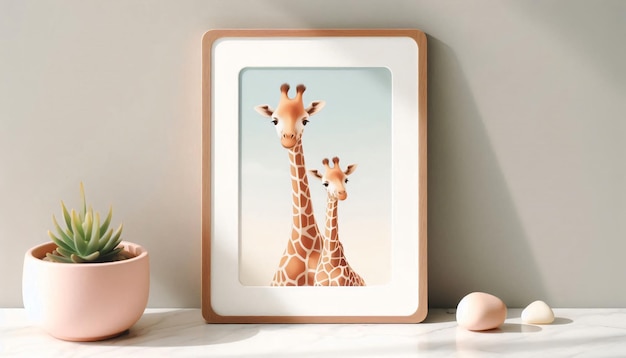 Photo a framed picture of giraffes and a vase with a pink vase on the table