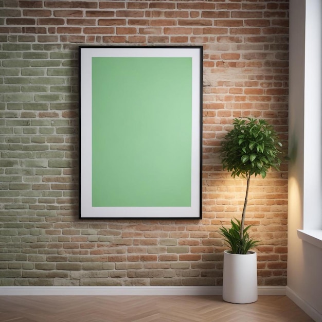 Photo a framed picture hanging on a brick wall with a green plant in the corner