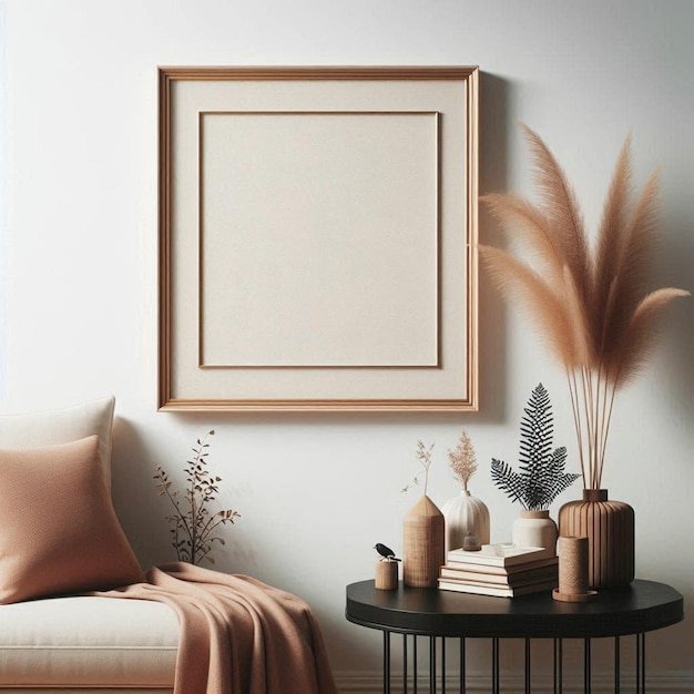 a framed picture hanging on a wall with a plant in the corner