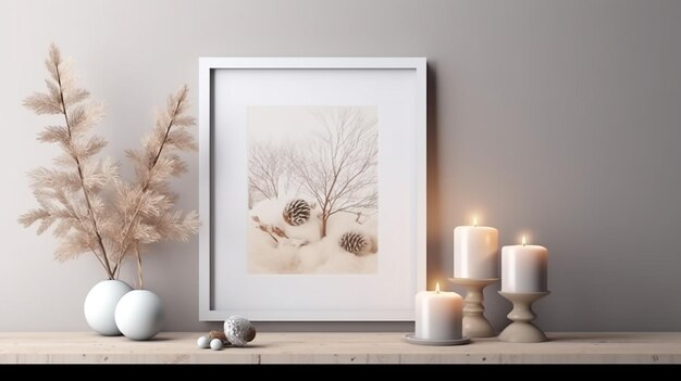 A framed picture of a hedgehog on a table with candles and candles.