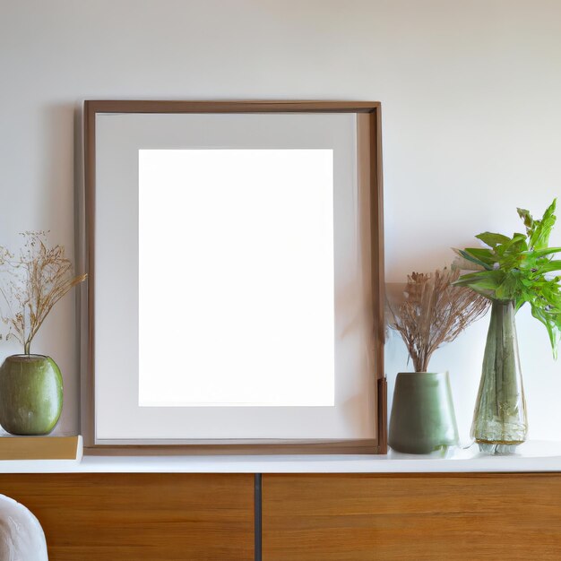 A framed picture is on a dresser with two vases and a green plant on the top.