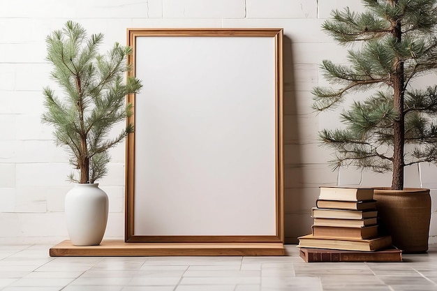 a framed picture is on a shelf next to a pine tree