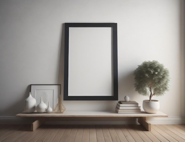 A framed picture is on a table next to a plant and books.