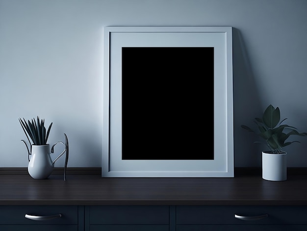 A framed picture is on a table with a plant in the background.