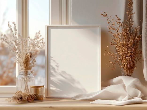 Photo a framed picture is on a window sill with a white cloth