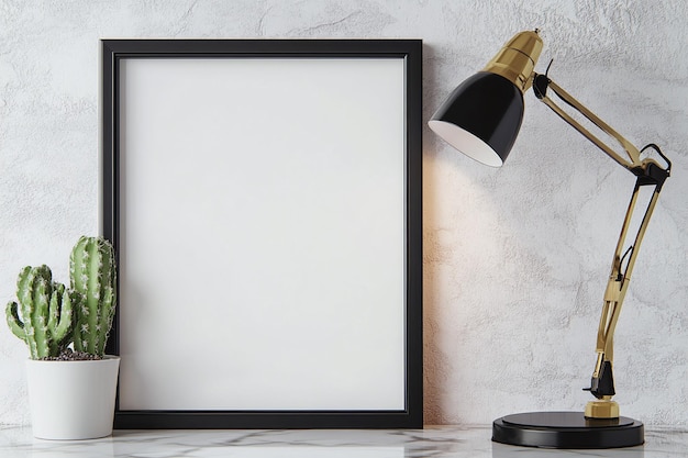 a framed picture of a lamp and a lamp on a table