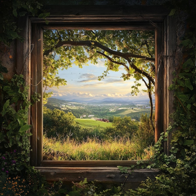 a framed picture of a landscape with a view of the valley