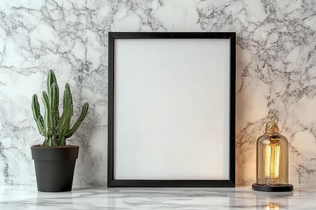 a framed picture on a marble counter with a black frame that says  blank